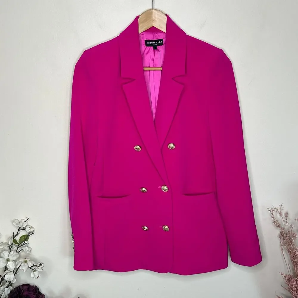 GENERATION LOVE Leighton Crepe Double Breast Blazer Hot Pink Magenta Sz S {KK1} - Picture 5 of 8